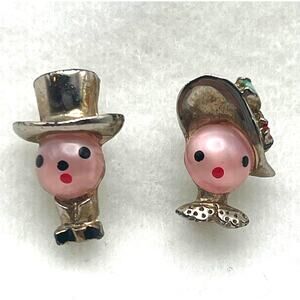 Vintage Gentleman & Lady Scatter Pins Pink Moonstone Faces Enamel